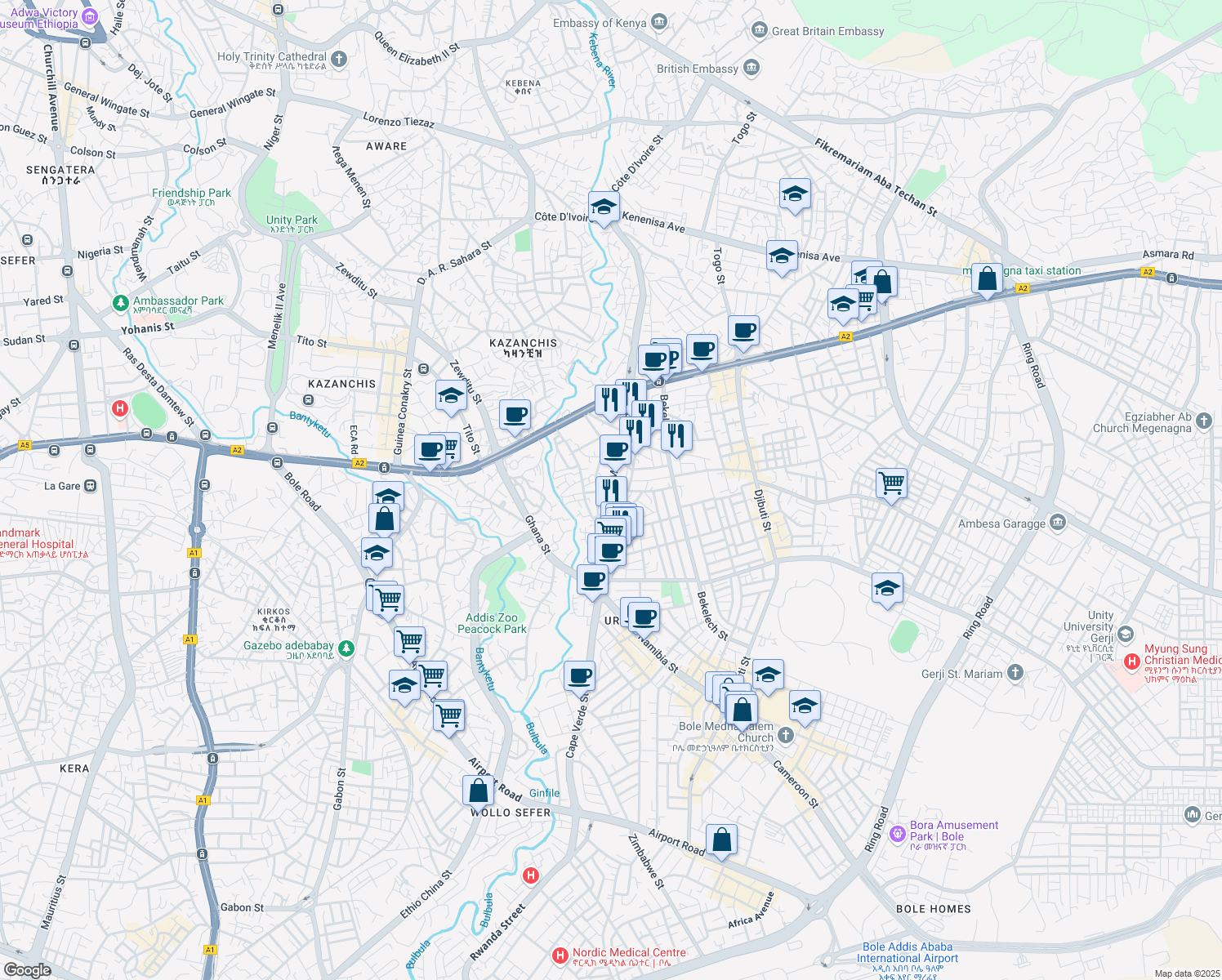 map of restaurants, bars, coffee shops, grocery stores, and more near Mike Leyland St in Addis Ababa