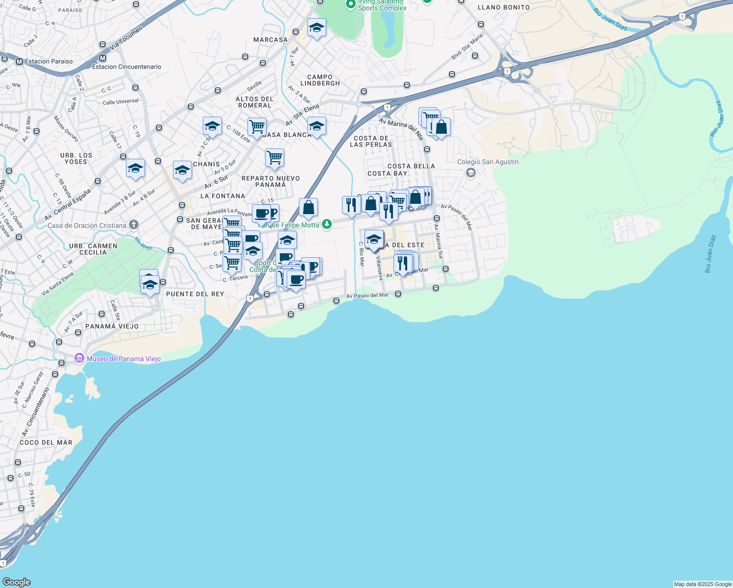 map of restaurants, bars, coffee shops, grocery stores, and more near Avenida Paseo del Mar in Panamá