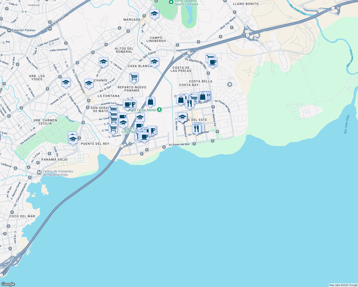 map of restaurants, bars, coffee shops, grocery stores, and more near Avenida Paseo del Mar in Panamá