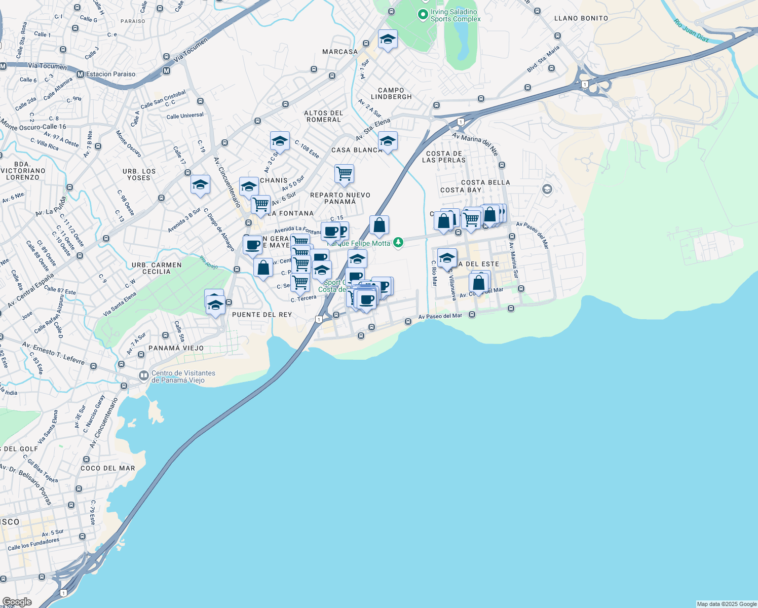 map of restaurants, bars, coffee shops, grocery stores, and more near Avenida de la Rotonda in Panamá