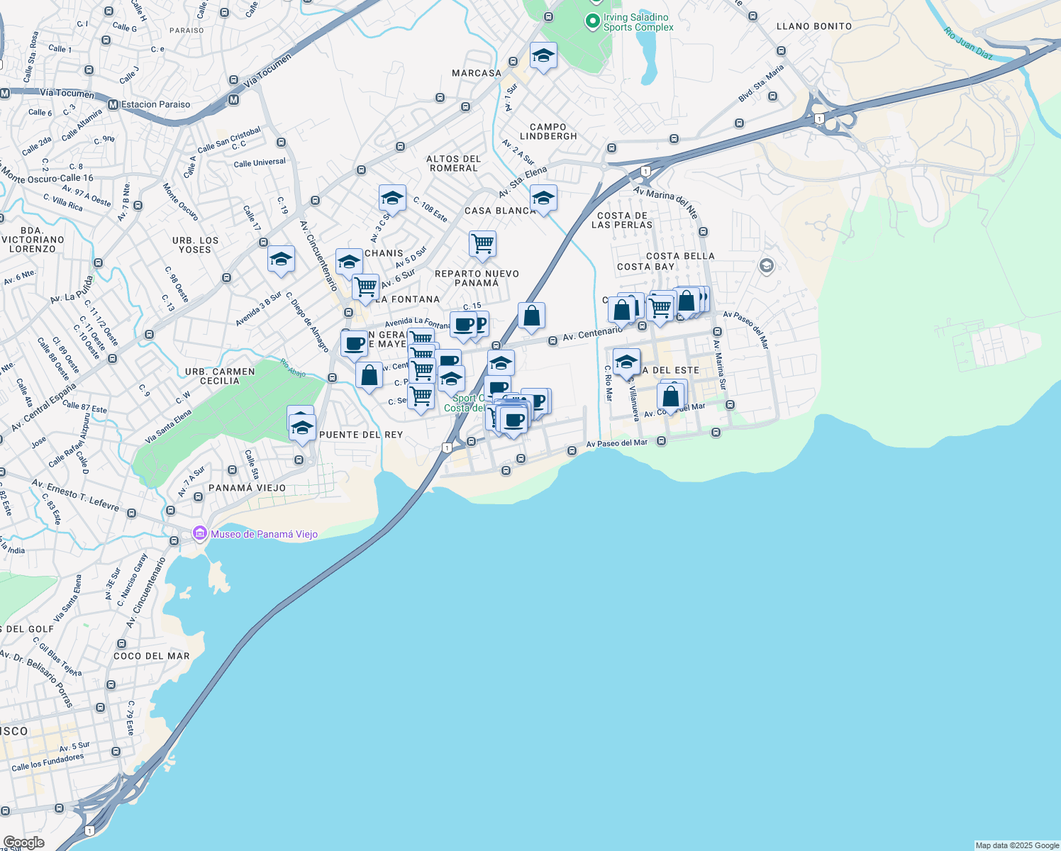 map of restaurants, bars, coffee shops, grocery stores, and more near Avenida de la Rotonda in Panamá