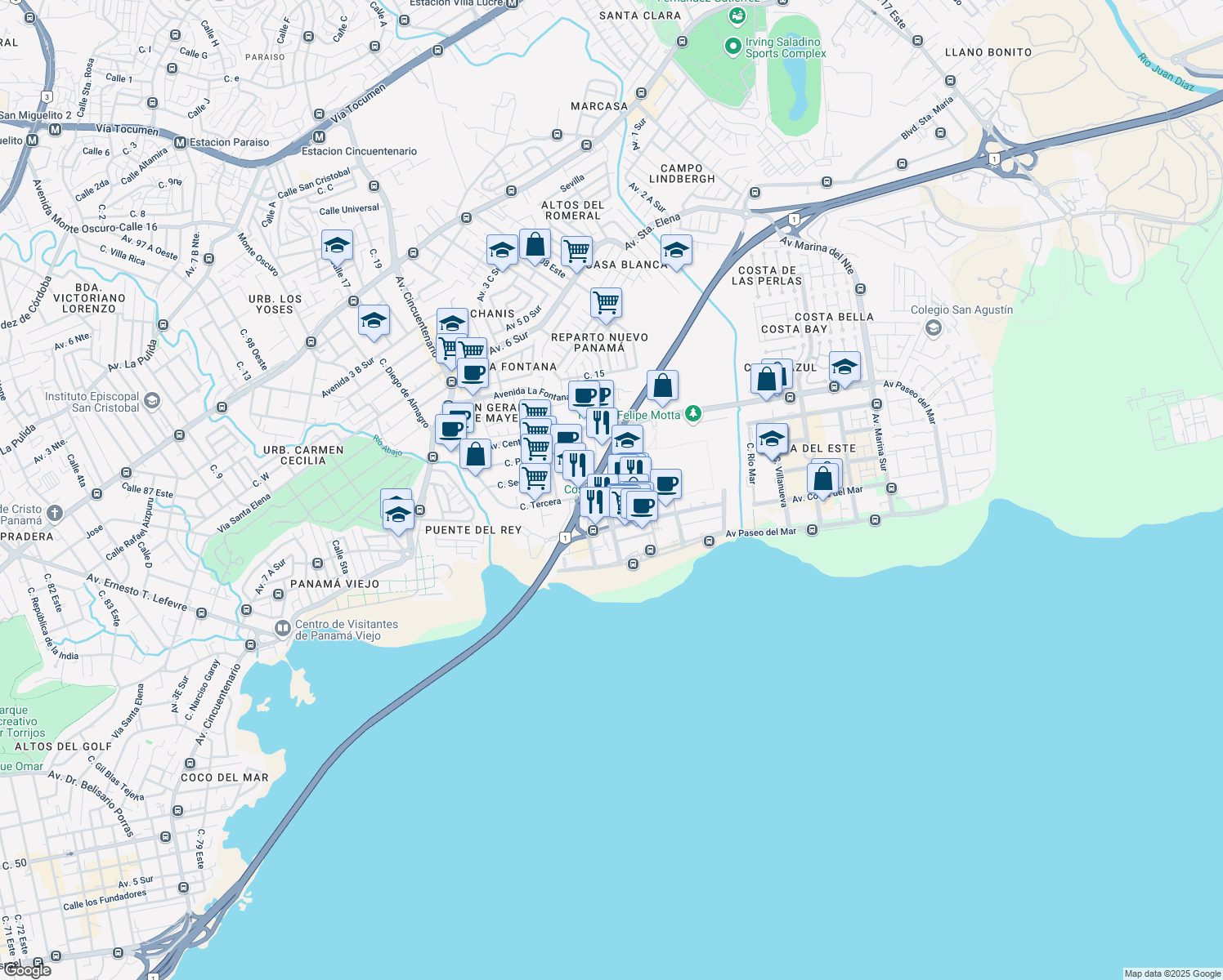 map of restaurants, bars, coffee shops, grocery stores, and more near Boulevard Costa del Este in Panamá