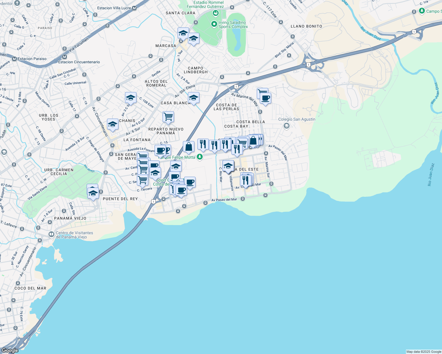 map of restaurants, bars, coffee shops, grocery stores, and more near Calle Río Mar in Panamá