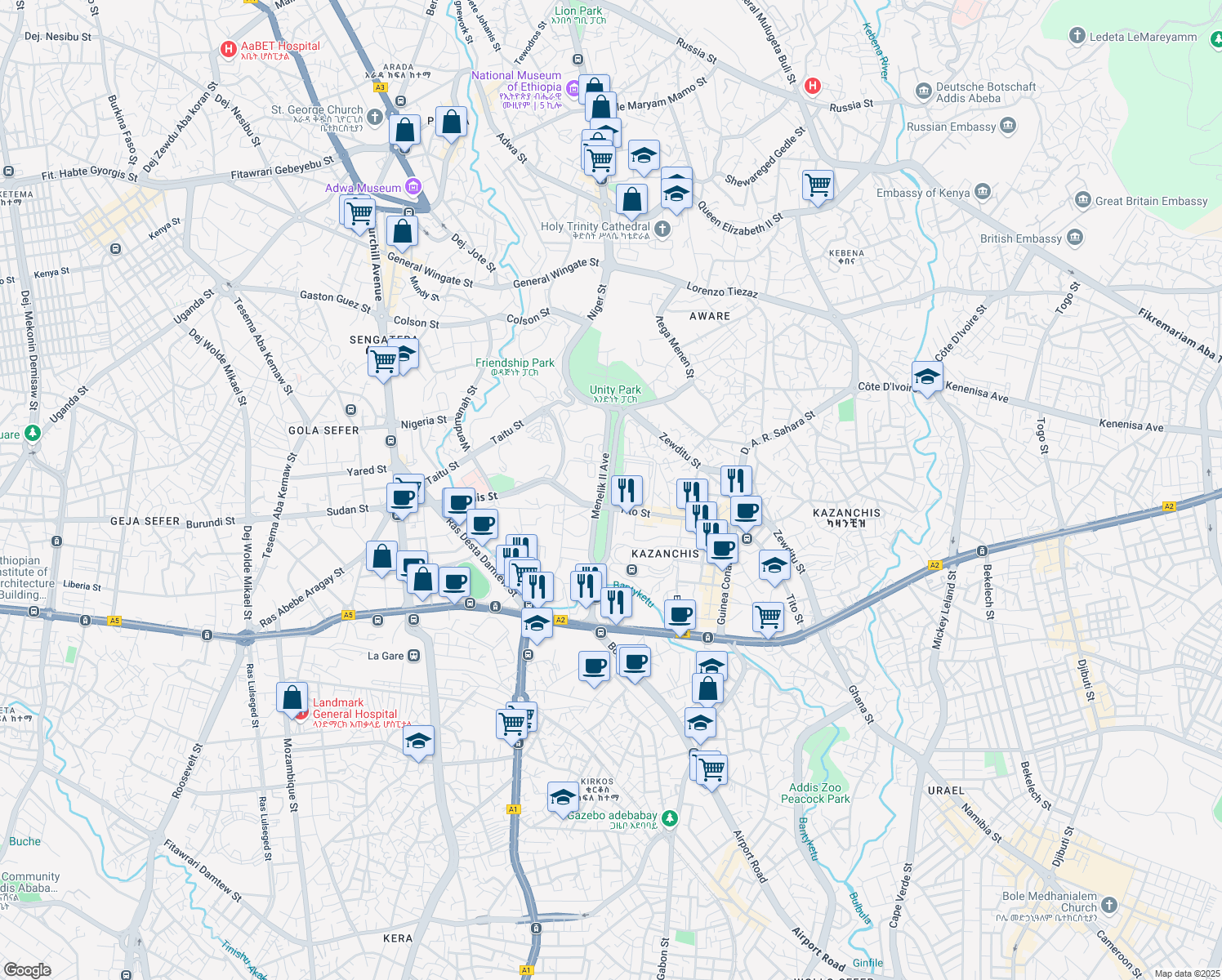 map of restaurants, bars, coffee shops, grocery stores, and more near Menelik II Avenue in Addis Ababa
