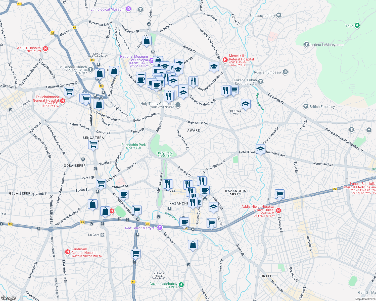 map of restaurants, bars, coffee shops, grocery stores, and more near Itega Menen St in Addis Ababa