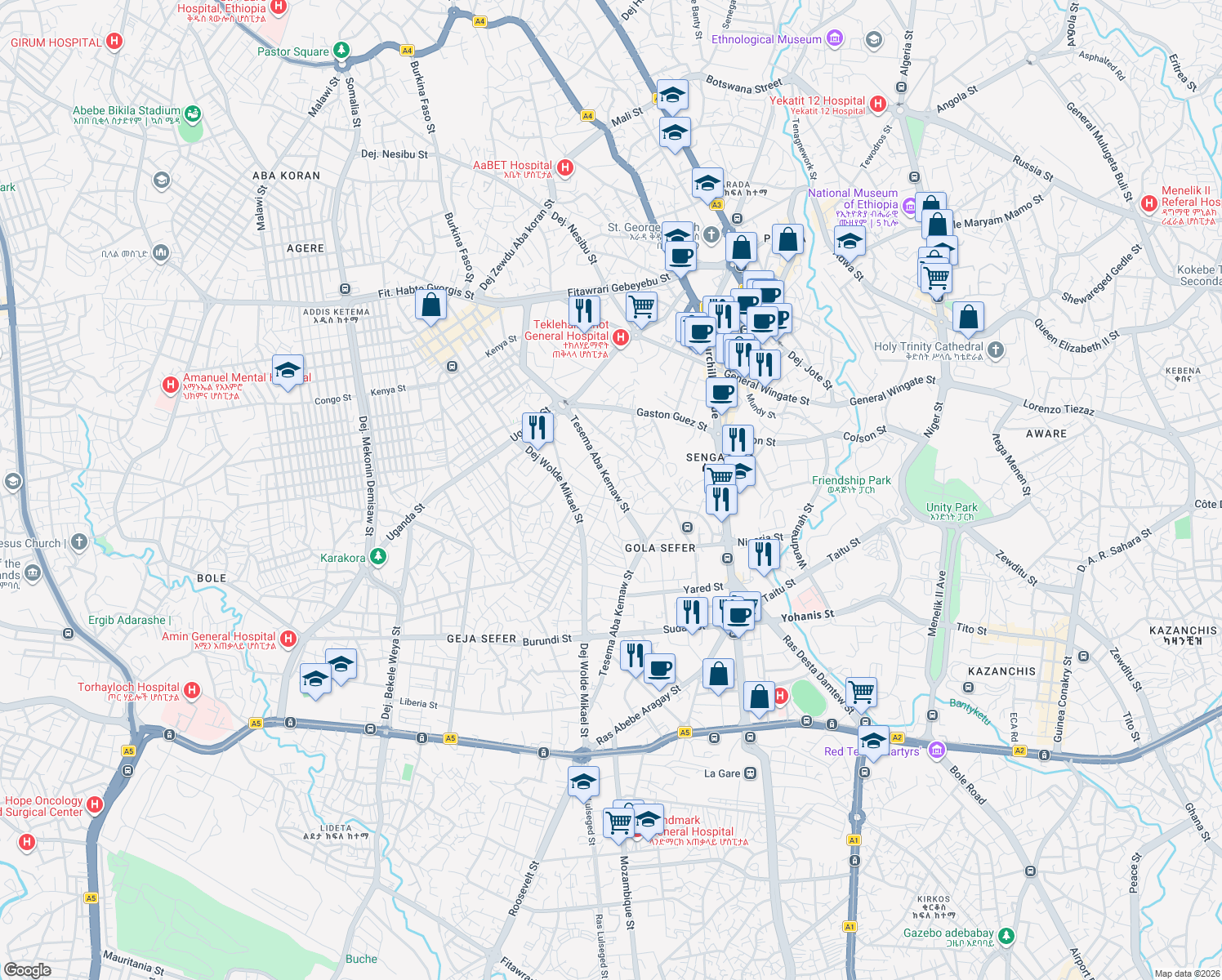 map of restaurants, bars, coffee shops, grocery stores, and more near Tesema Aba Kemaw Street in Addis Ababa
