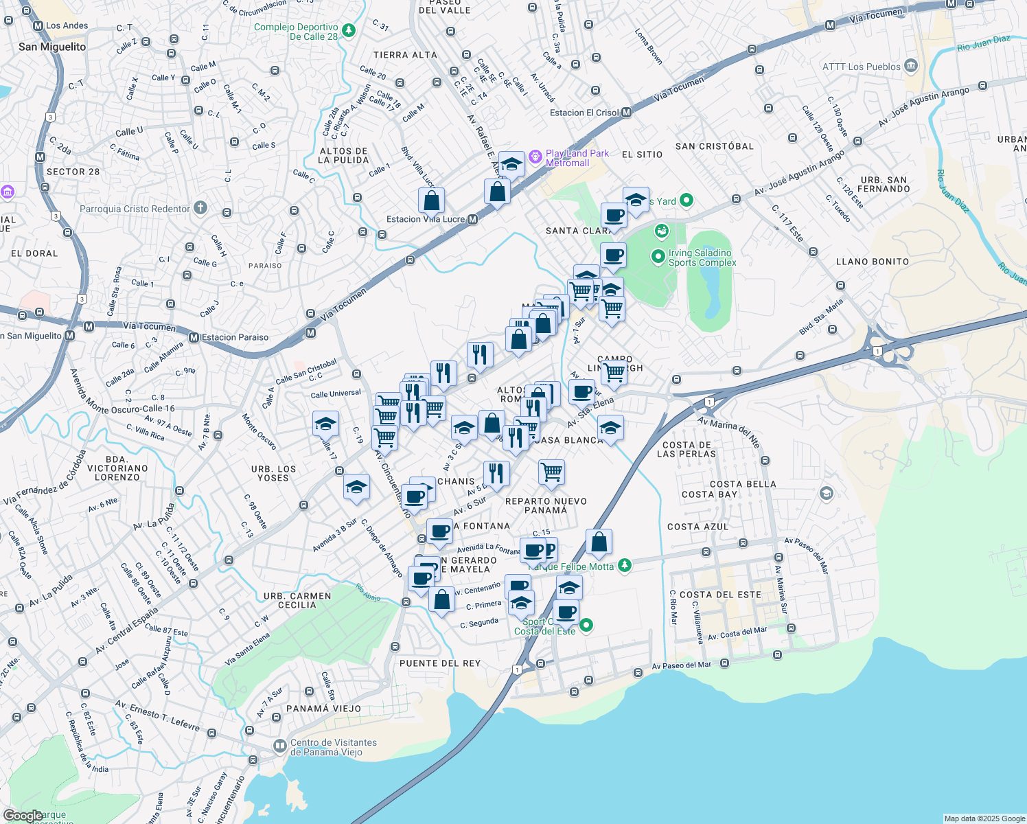 map of restaurants, bars, coffee shops, grocery stores, and more near in Panama City
