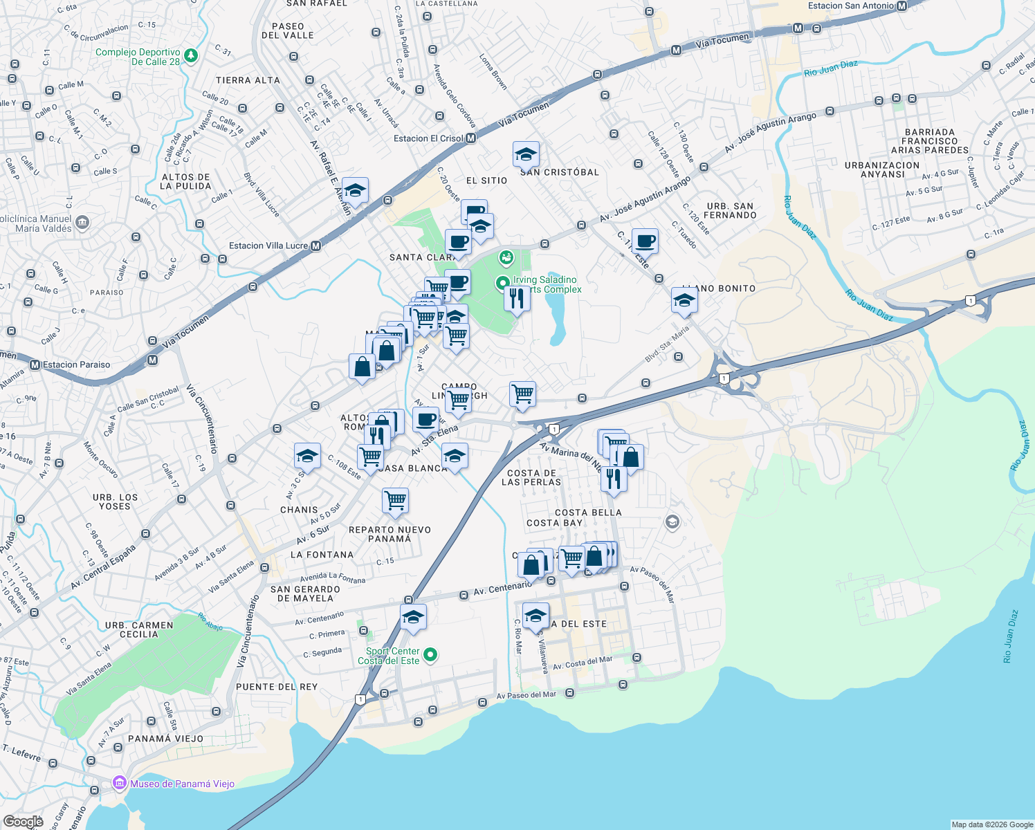 map of restaurants, bars, coffee shops, grocery stores, and more near Santa Maria Business District in Panamá