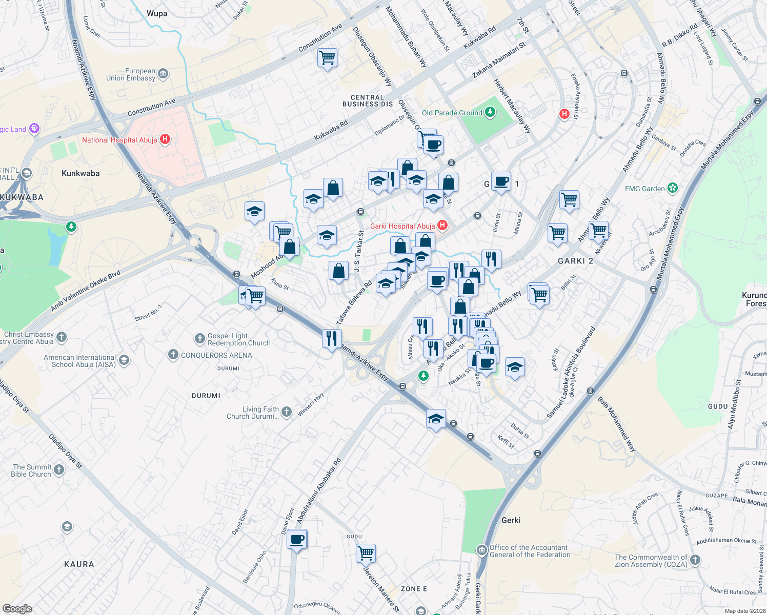 map of restaurants, bars, coffee shops, grocery stores, and more near New Bussa CL. in Abuja