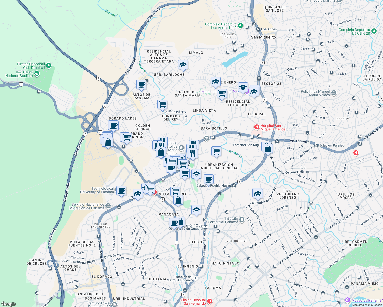 map of restaurants, bars, coffee shops, grocery stores, and more near Avenida Ricardo J. Alfaro in Panamá