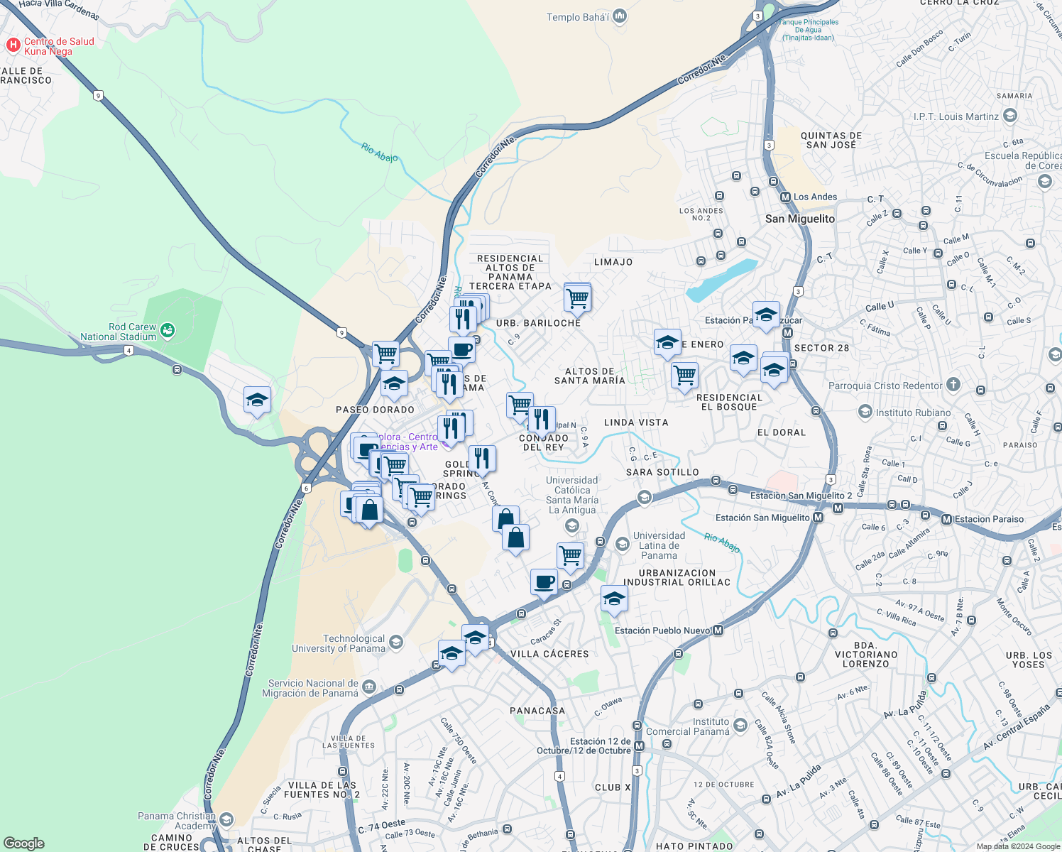 map of restaurants, bars, coffee shops, grocery stores, and more near Avenida Principal N in Panamá