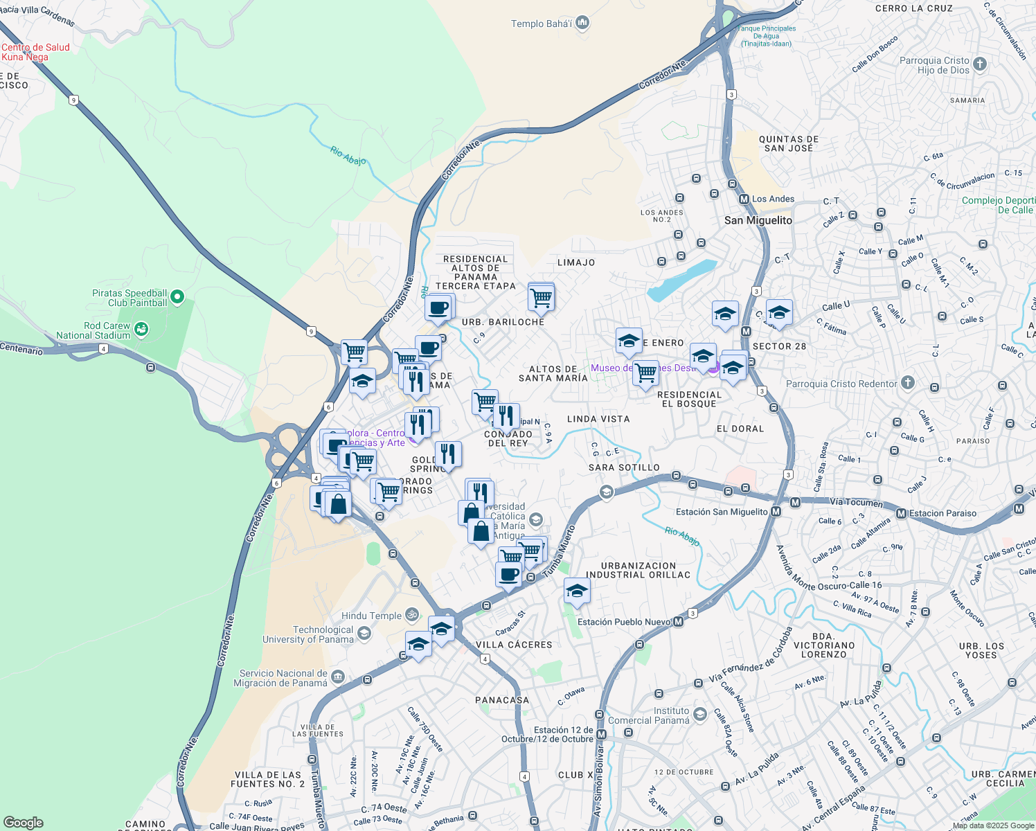 map of restaurants, bars, coffee shops, grocery stores, and more near 111 Calle 7 D in San Miguelito