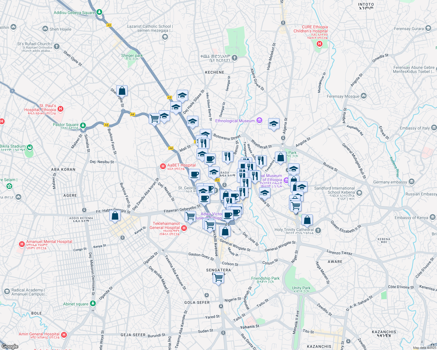 map of restaurants, bars, coffee shops, grocery stores, and more near Sylvia Pankhurst Street in Addis Ababa