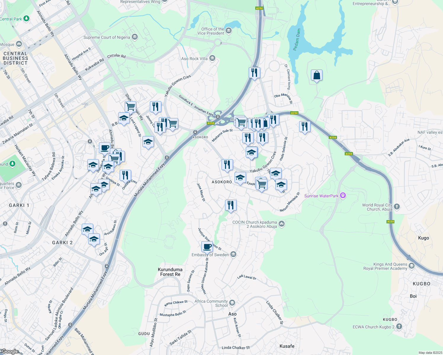 map of restaurants, bars, coffee shops, grocery stores, and more near Samora Machel Street in Abuja