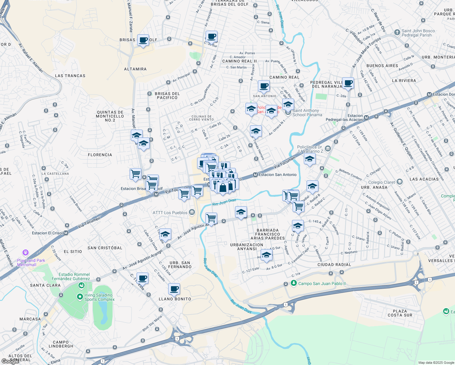 map of restaurants, bars, coffee shops, grocery stores, and more near Avenida Domingo Díaz in Panama