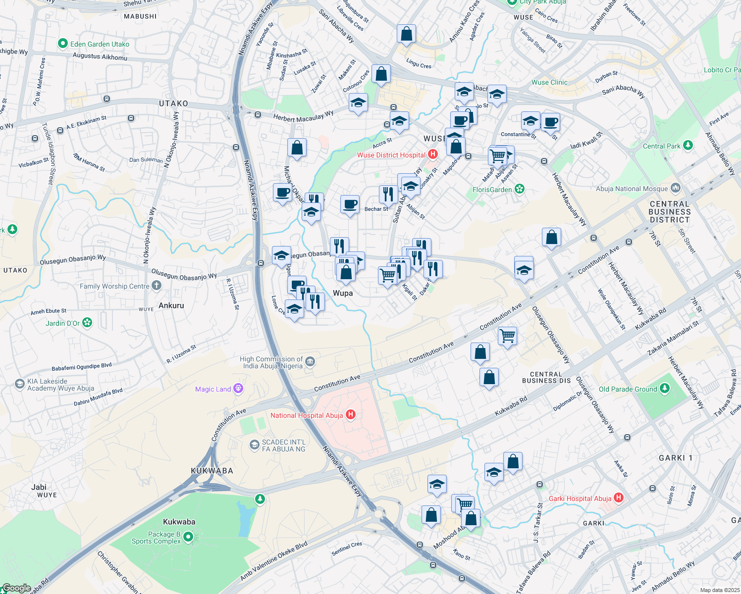 map of restaurants, bars, coffee shops, grocery stores, and more near Nouakchott Street in Abuja