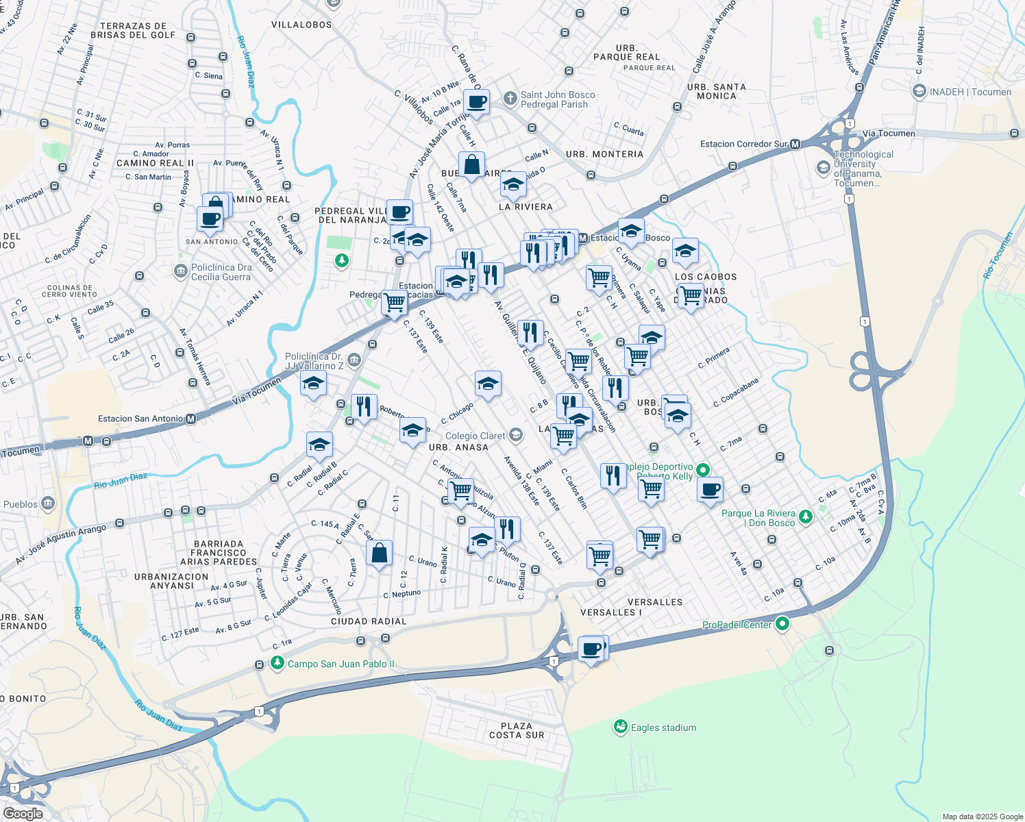 map of restaurants, bars, coffee shops, grocery stores, and more near 65611-83 Calle Carlos Brin in Panamá
