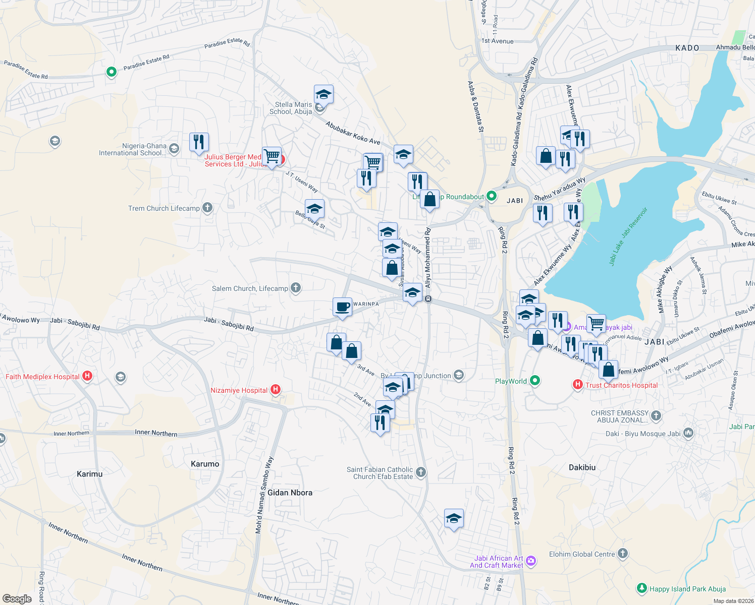 map of restaurants, bars, coffee shops, grocery stores, and more near Jabi-Sabojibi Road in Abuja