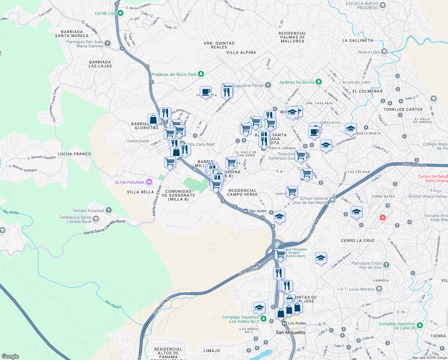 map of restaurants, bars, coffee shops, grocery stores, and more near Ave. Centro comercial Mis Provincias (Milla 8) in Panamá