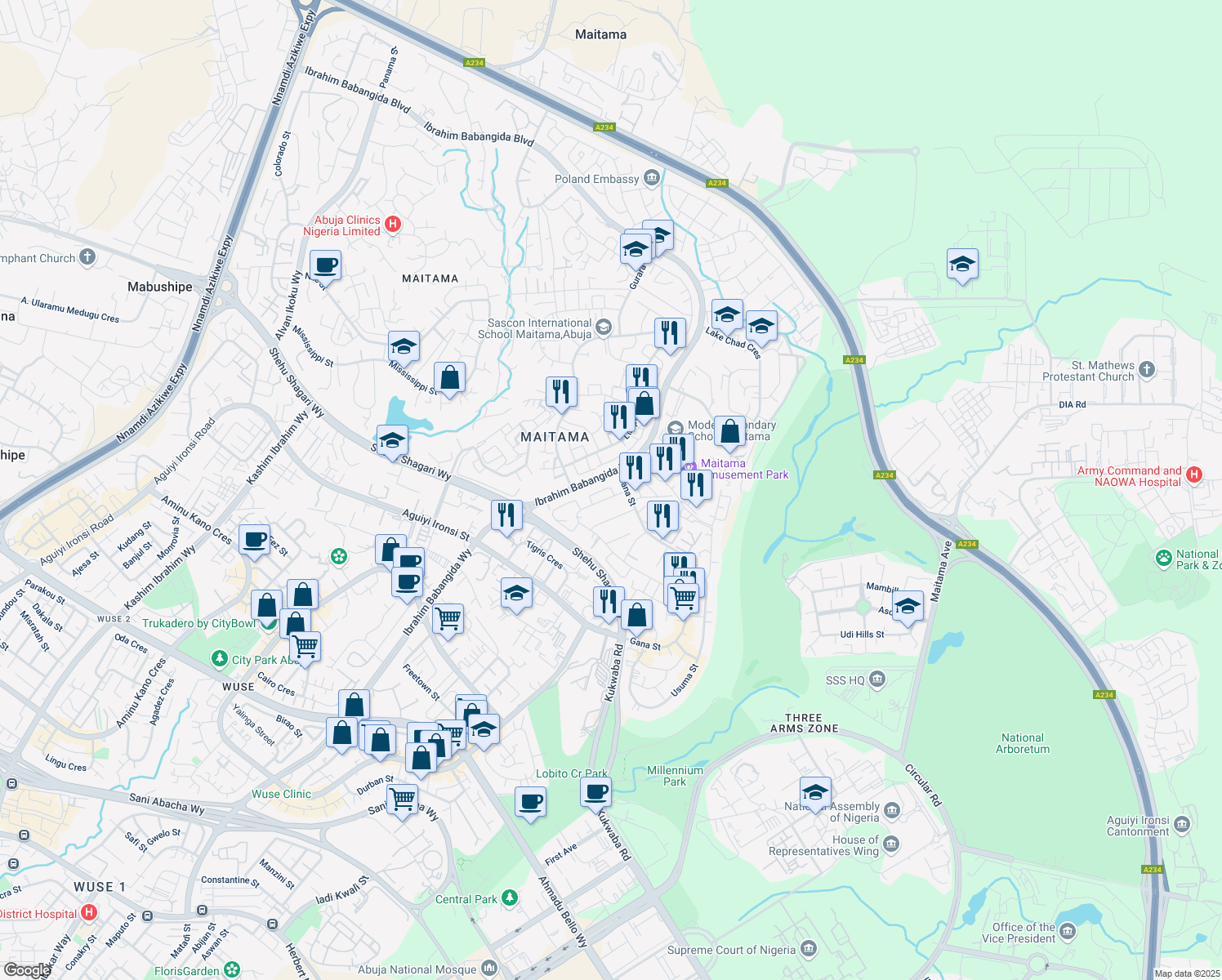 map of restaurants, bars, coffee shops, grocery stores, and more near 697 Idris Gidado Street in Abuja