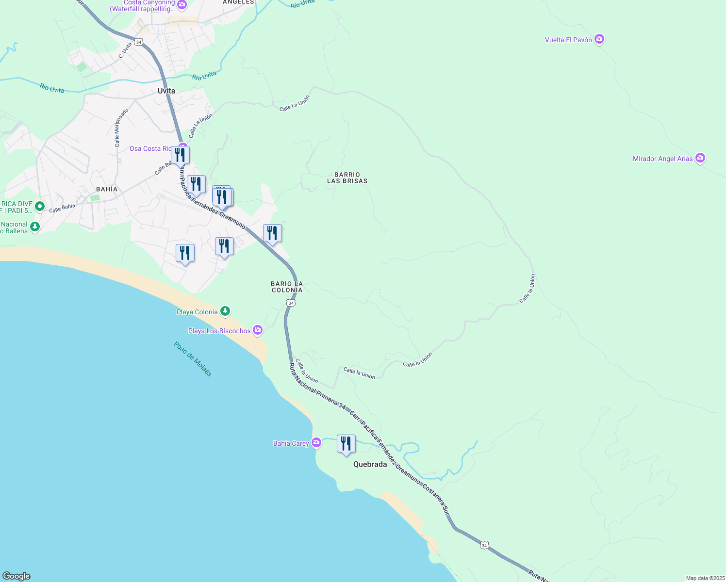 map of restaurants, bars, coffee shops, grocery stores, and more near in Uvita