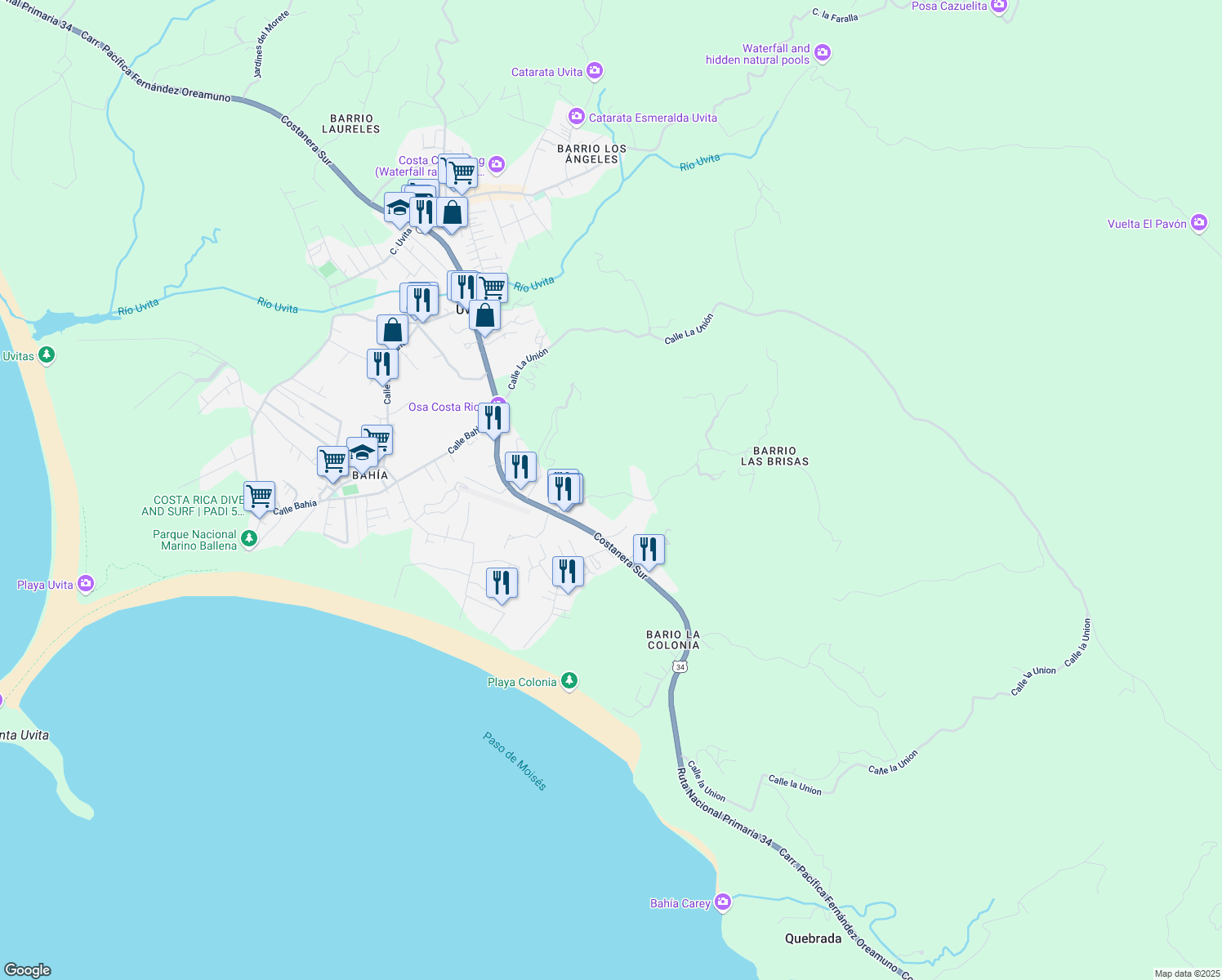 map of restaurants, bars, coffee shops, grocery stores, and more near in Uvita