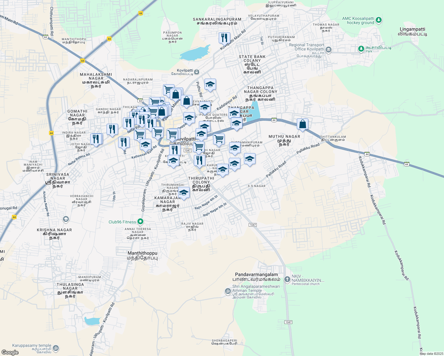 map of restaurants, bars, coffee shops, grocery stores, and more near Thangamman Kovil Street in Kovilpatti