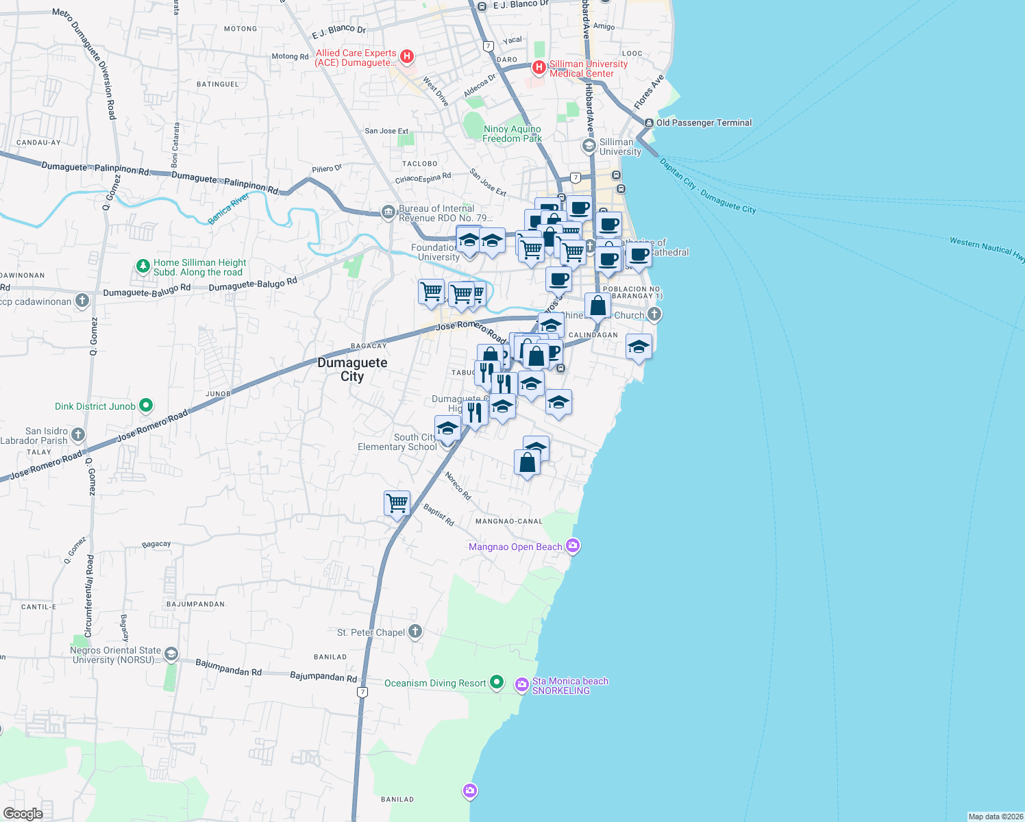 map of restaurants, bars, coffee shops, grocery stores, and more near in Dumaguete