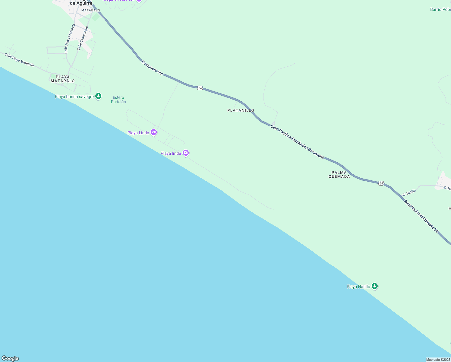 map of restaurants, bars, coffee shops, grocery stores, and more near Playa Linda in Savegre
