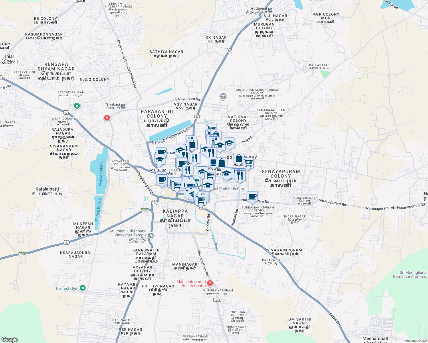 map of restaurants, bars, coffee shops, grocery stores, and more near in Sivakasi