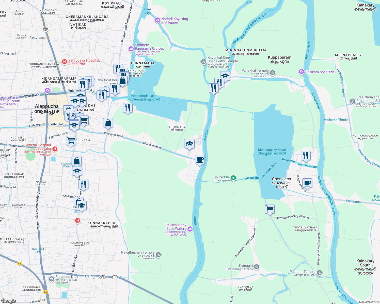 map of restaurants, bars, coffee shops, grocery stores, and more near Chungam Road in Alappuzha