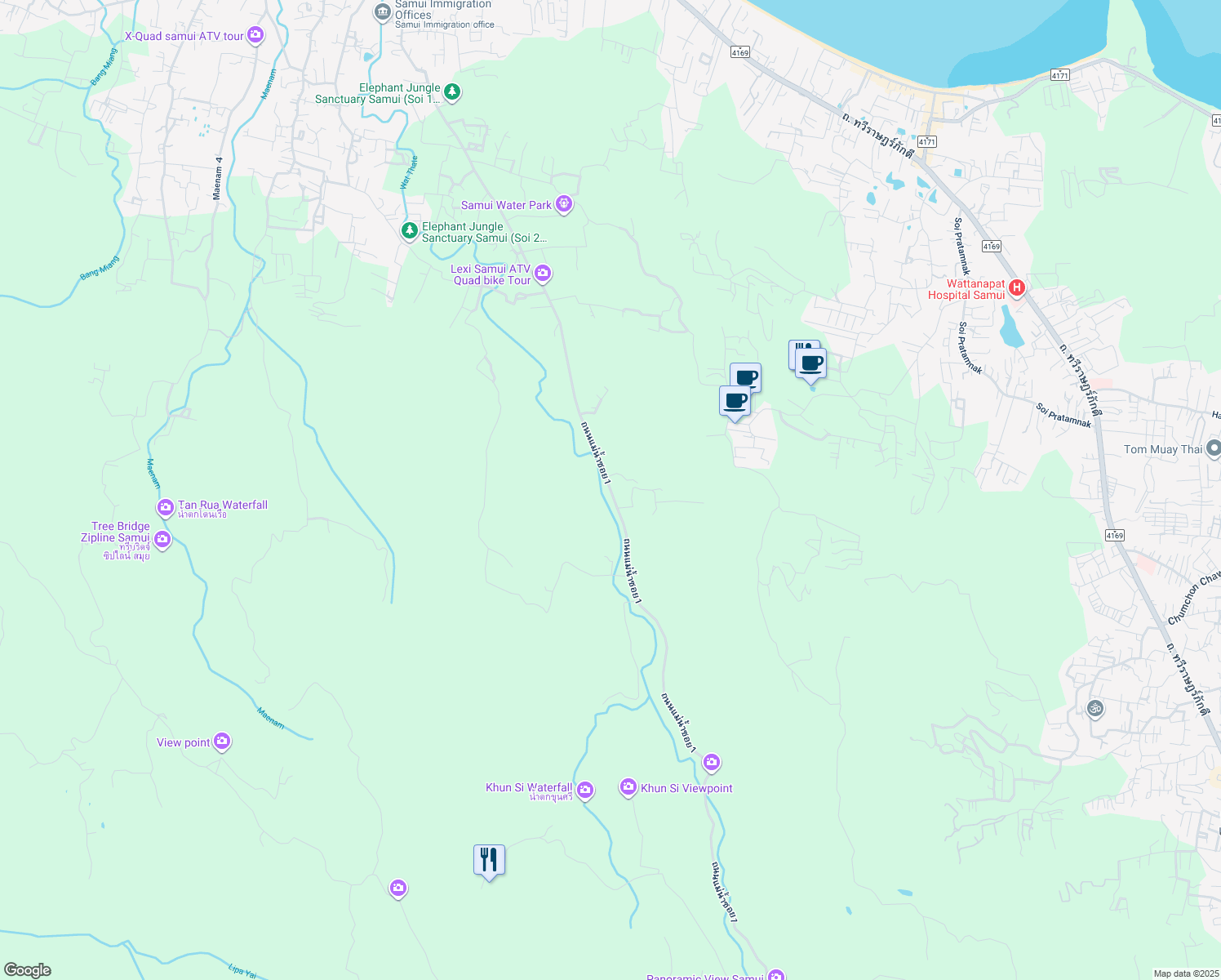 map of restaurants, bars, coffee shops, grocery stores, and more near ถนนแม่น้ำซอย1 in Amphoe Ko Samui