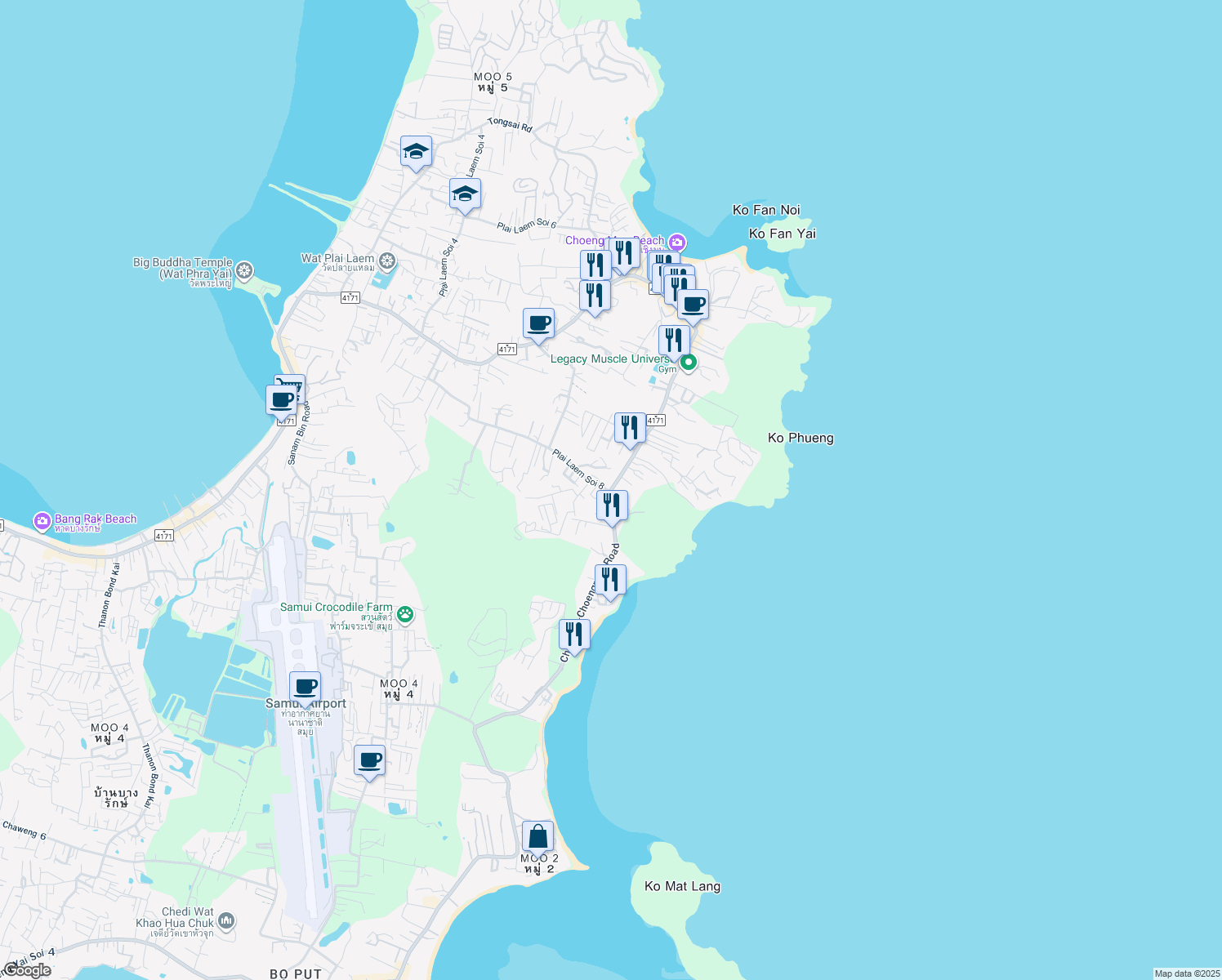 map of restaurants, bars, coffee shops, grocery stores, and more near 8/33 Plai Laem Soi 7 in Ko Samui