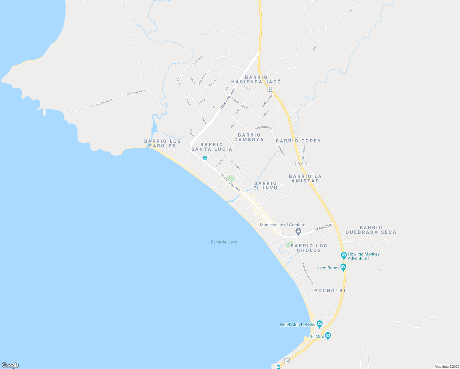 map of restaurants, bars, coffee shops, grocery stores, and more near Pastor Diaz Avenue in Jaco