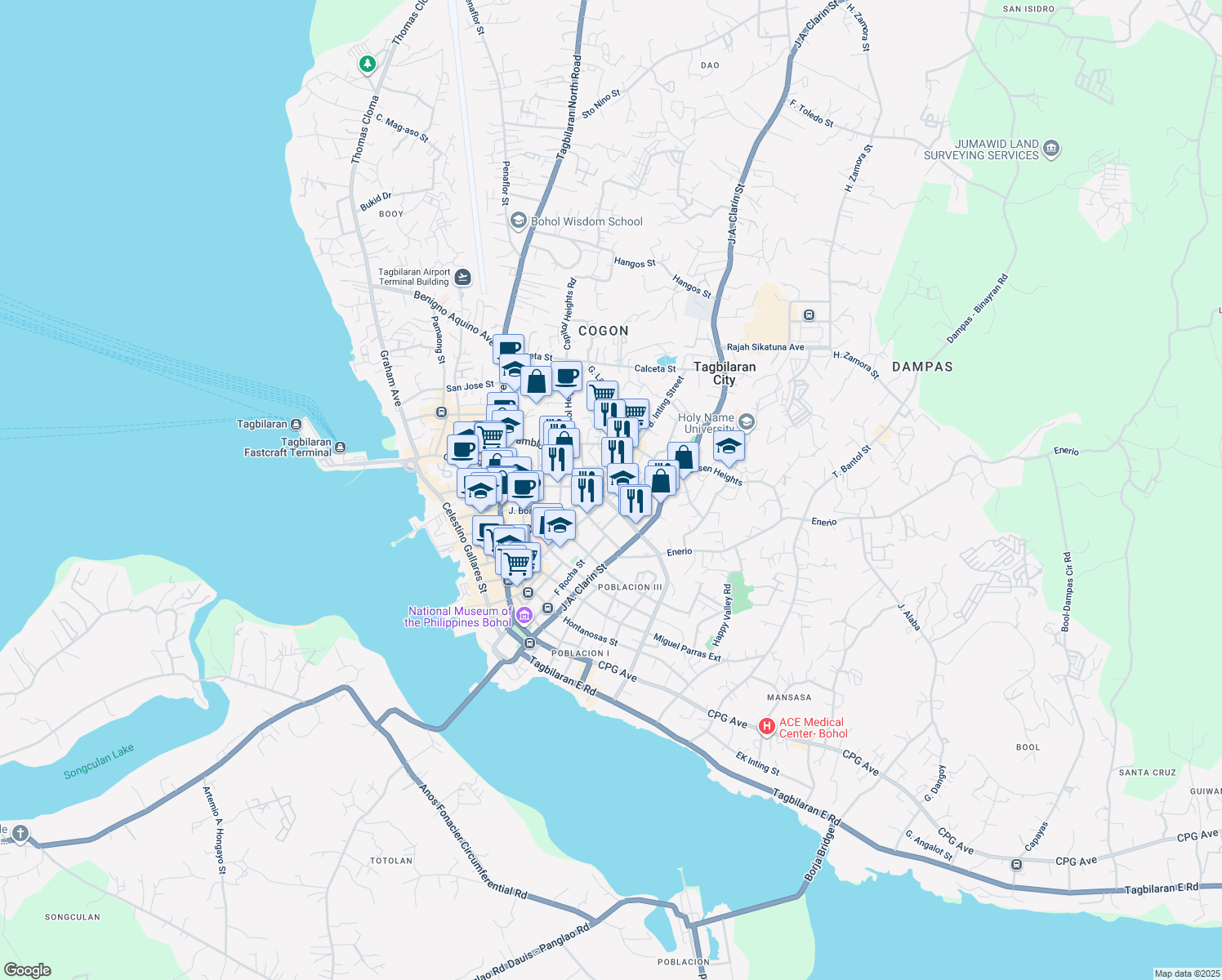 map of restaurants, bars, coffee shops, grocery stores, and more near B. Inting Street in Tagbilaran City