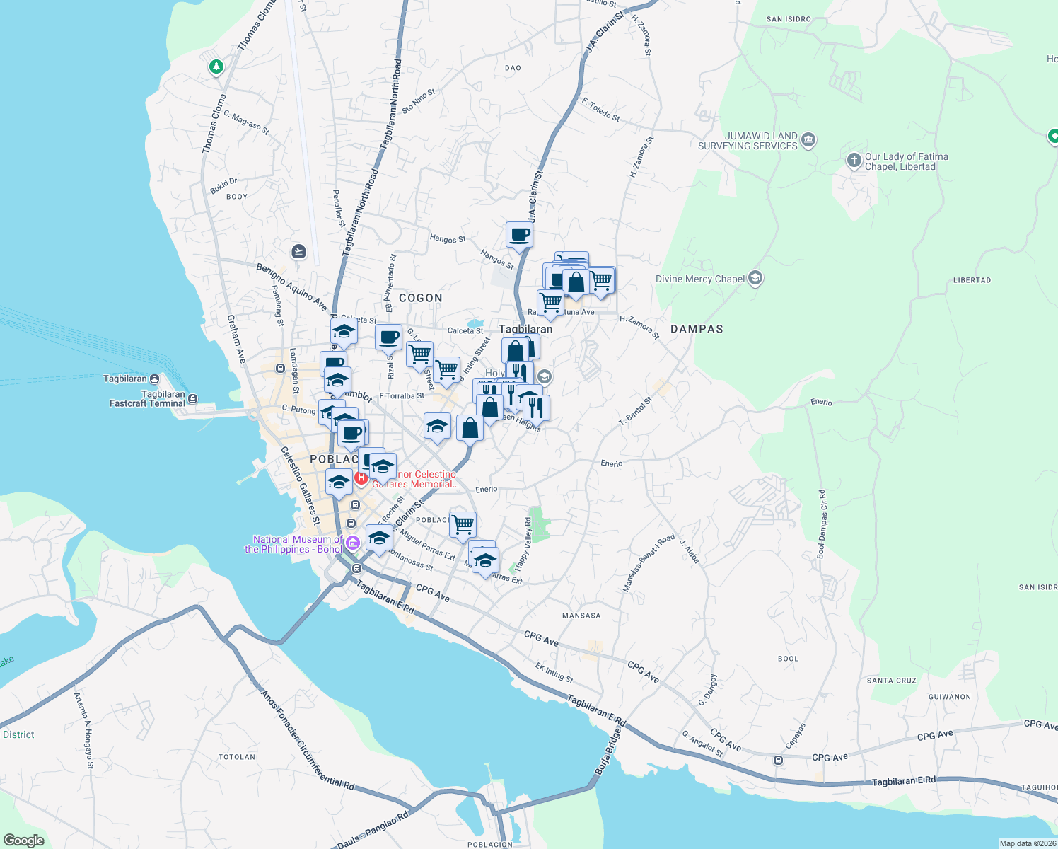 map of restaurants, bars, coffee shops, grocery stores, and more near Jansen Heights in Tagbilaran City