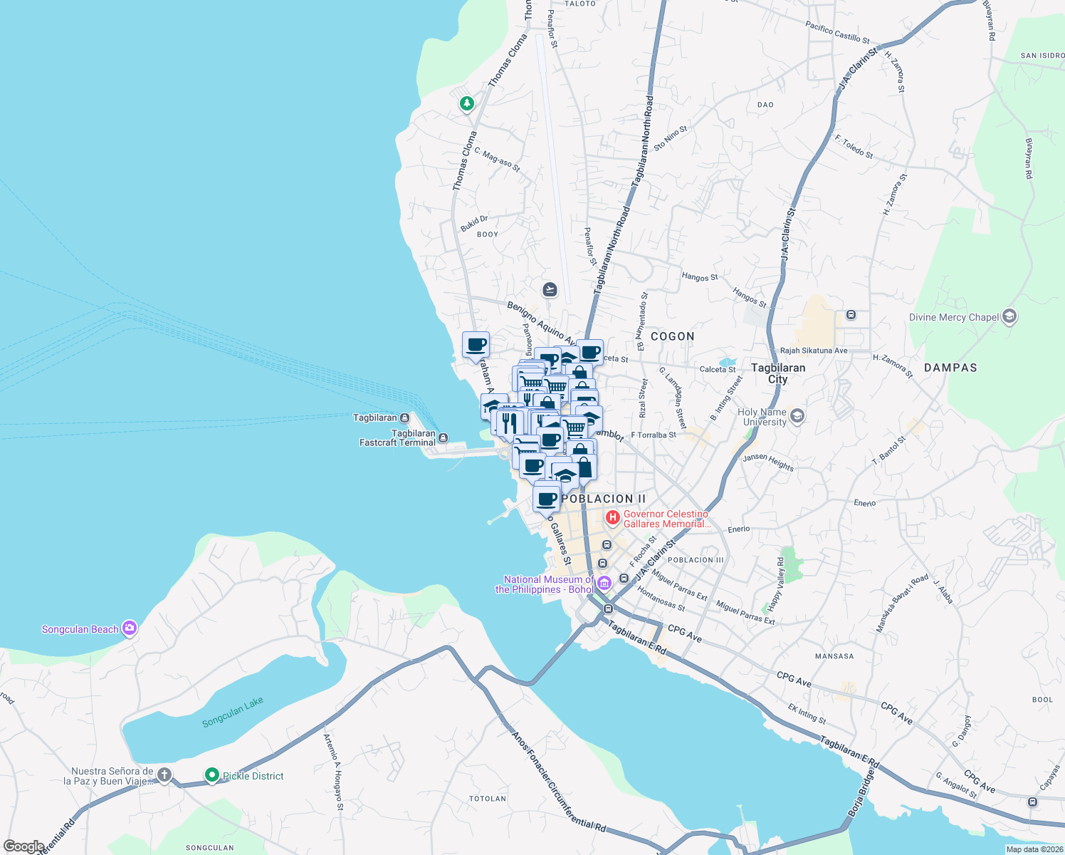 map of restaurants, bars, coffee shops, grocery stores, and more near Tabaco St in Tagbilaran City