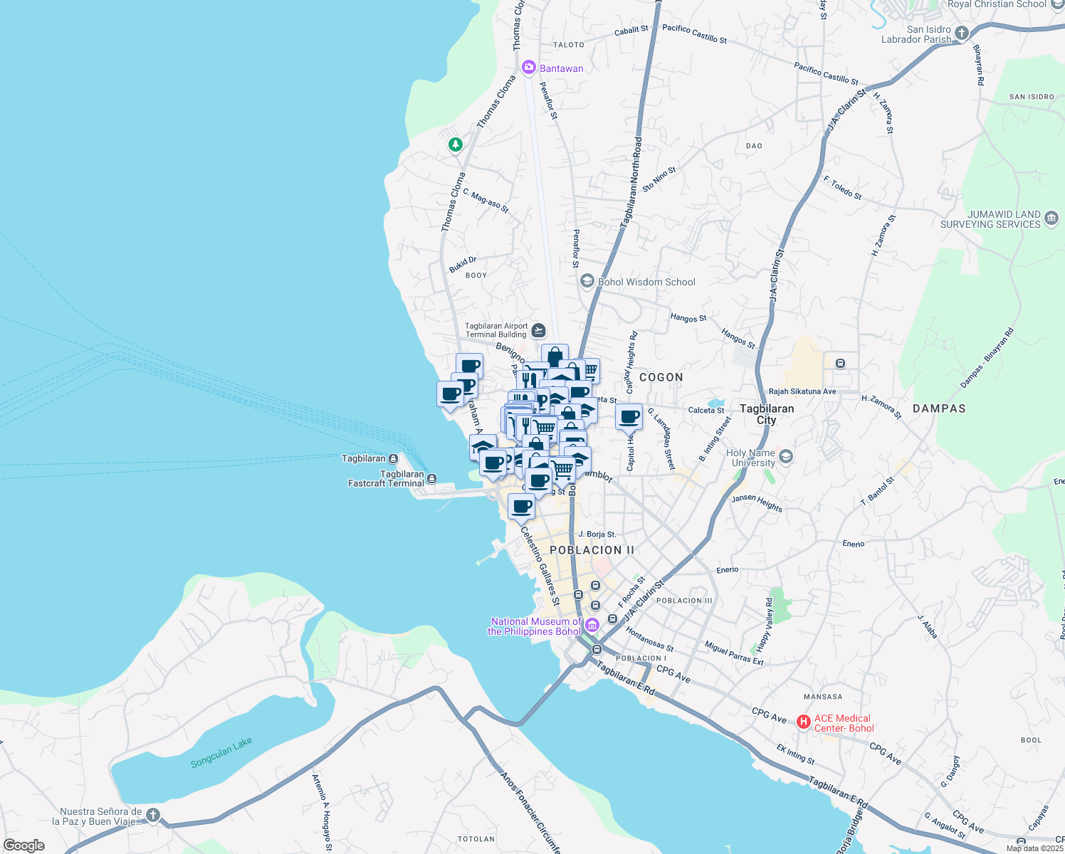 map of restaurants, bars, coffee shops, grocery stores, and more near Lamdagan Street in Tagbilaran City