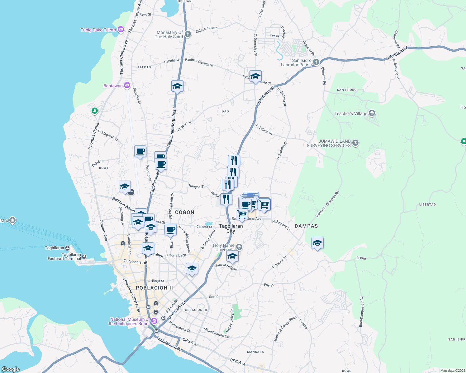 map of restaurants, bars, coffee shops, grocery stores, and more near J.A. Clarin Street in Tagbilaran City