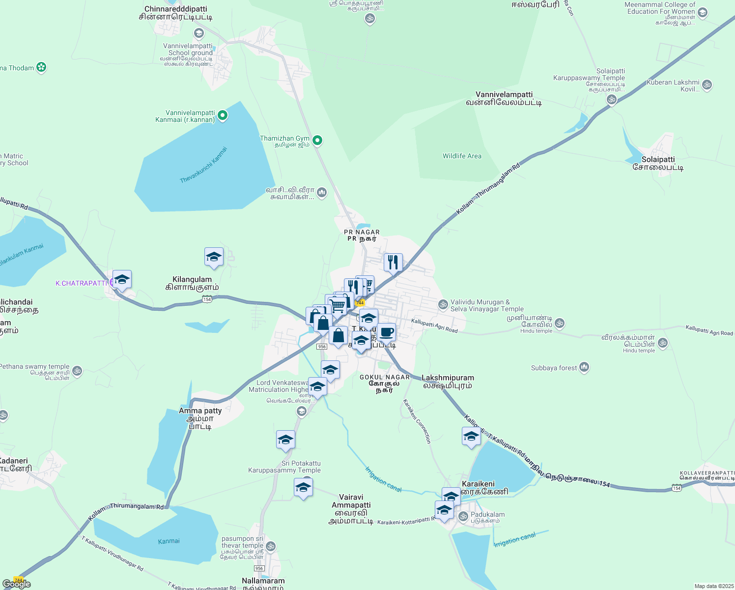 map of restaurants, bars, coffee shops, grocery stores, and more near Seva Hospital Road in T.Kallupatti
