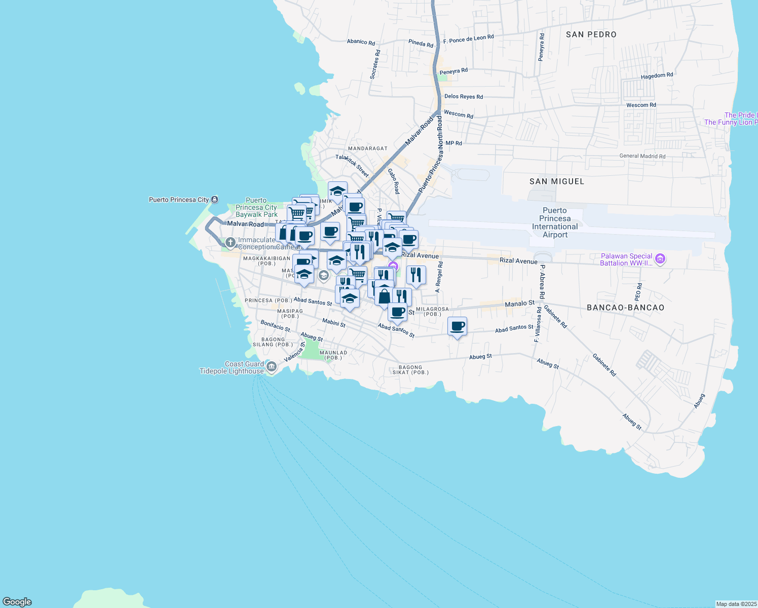 map of restaurants, bars, coffee shops, grocery stores, and more near 160 Manalo Street in Puerto Princesa City