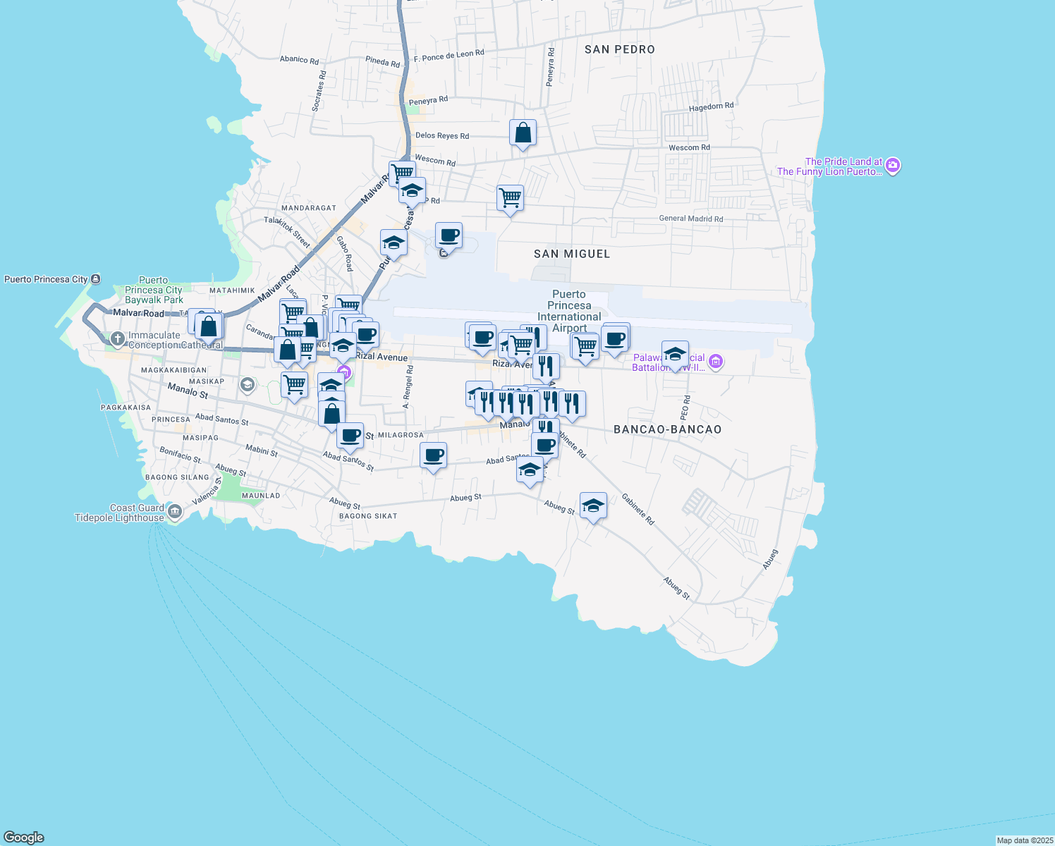 map of restaurants, bars, coffee shops, grocery stores, and more near 147 Manalo Street in Puerto Princesa City