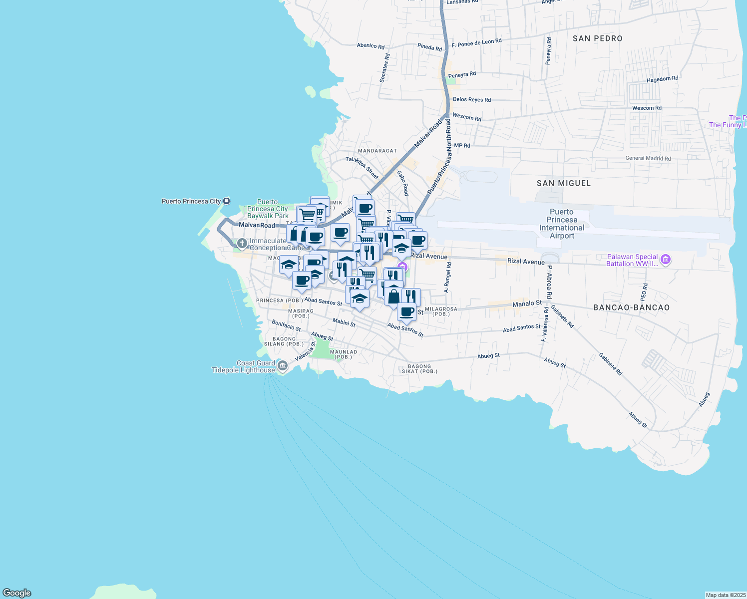 map of restaurants, bars, coffee shops, grocery stores, and more near 137 Manalo Street in Puerto Princesa City