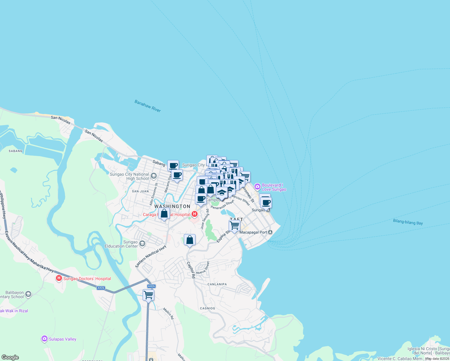 map of restaurants, bars, coffee shops, grocery stores, and more near Magallanes Street in Surigao City
