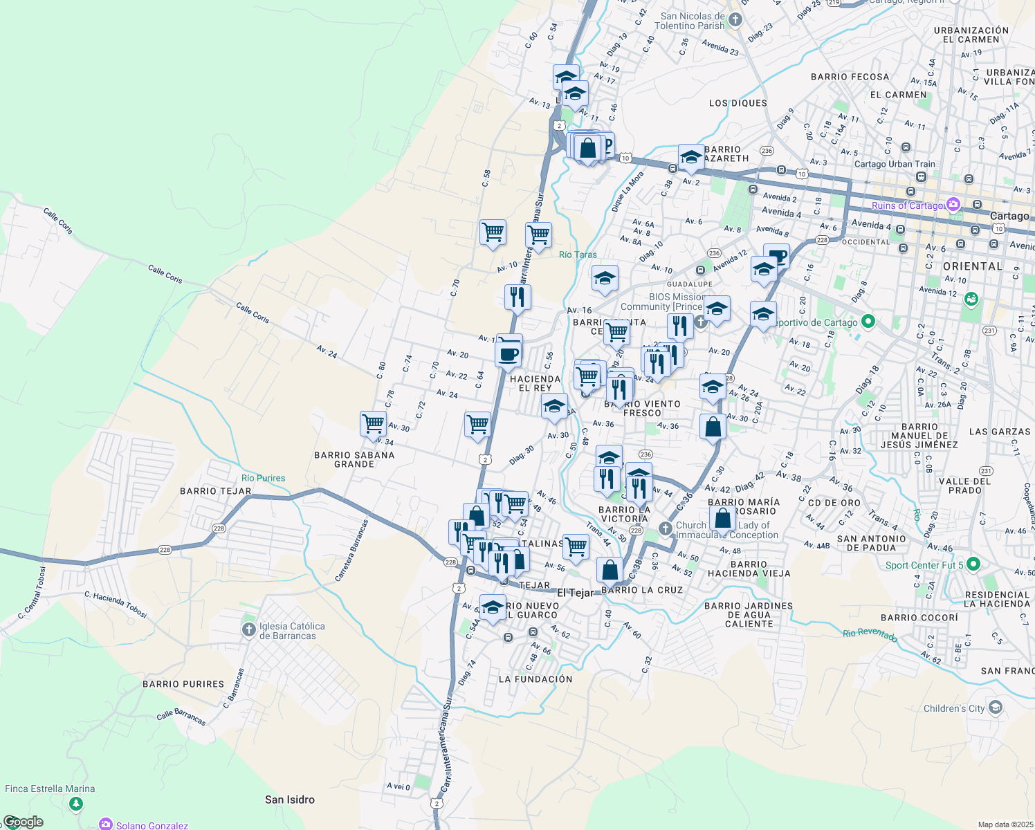 map of restaurants, bars, coffee shops, grocery stores, and more near Calle 58 in Cartago