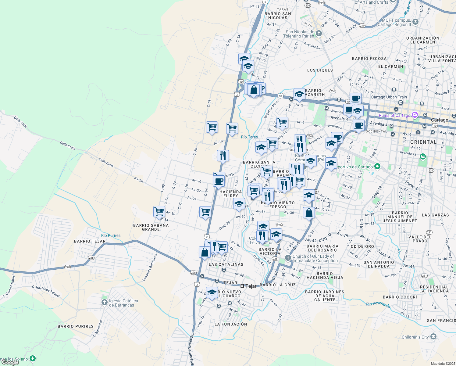 map of restaurants, bars, coffee shops, grocery stores, and more near Calle 58 in Cartago