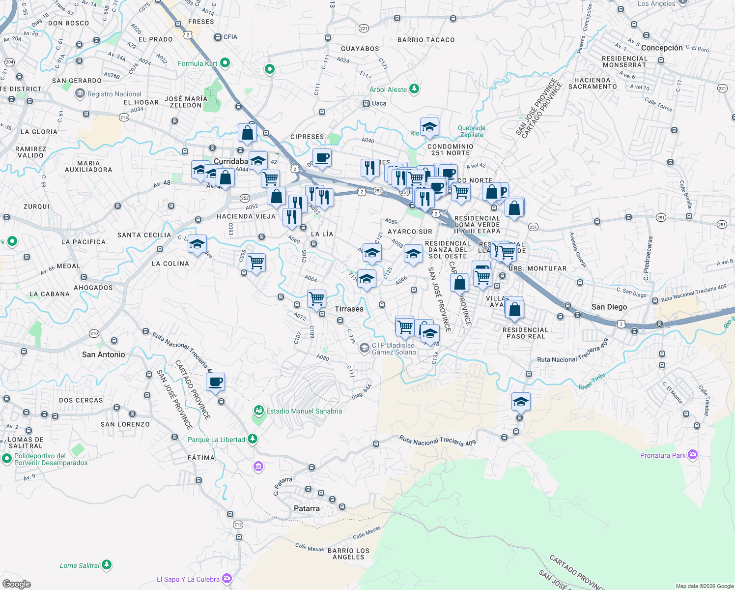 map of restaurants, bars, coffee shops, grocery stores, and more near D066 in Tirrases