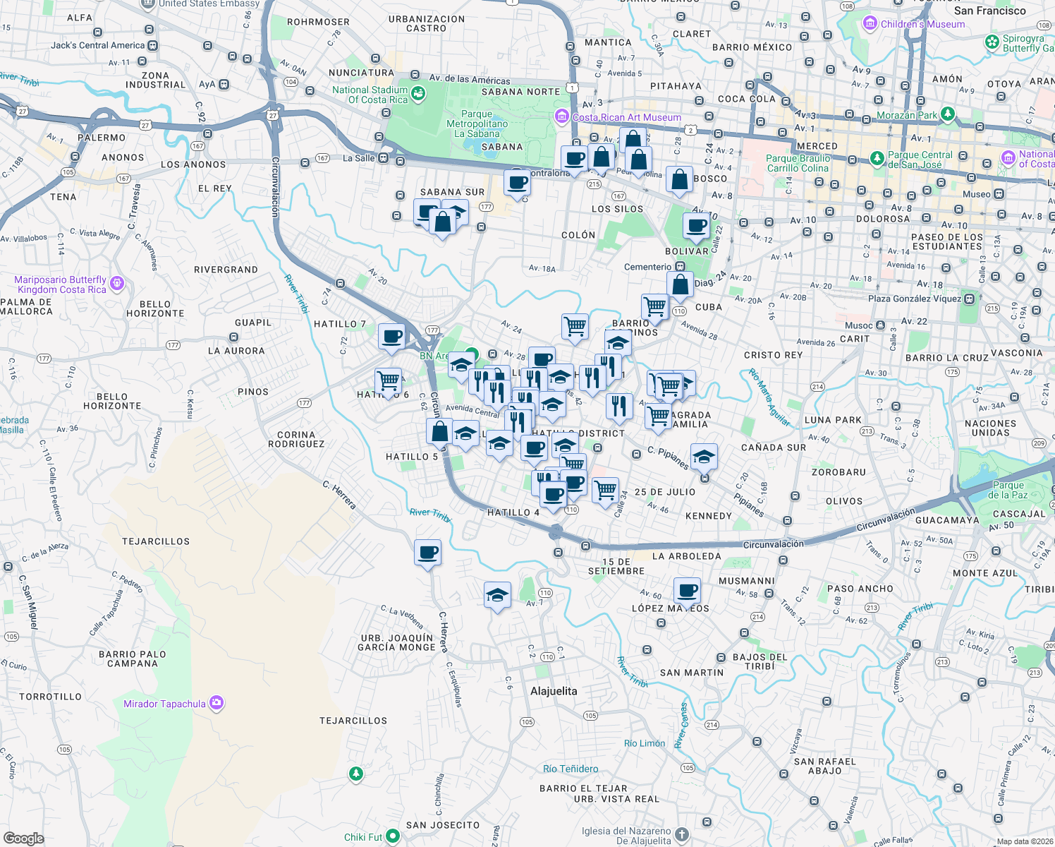 map of restaurants, bars, coffee shops, grocery stores, and more near Calle Costa Rica in San José