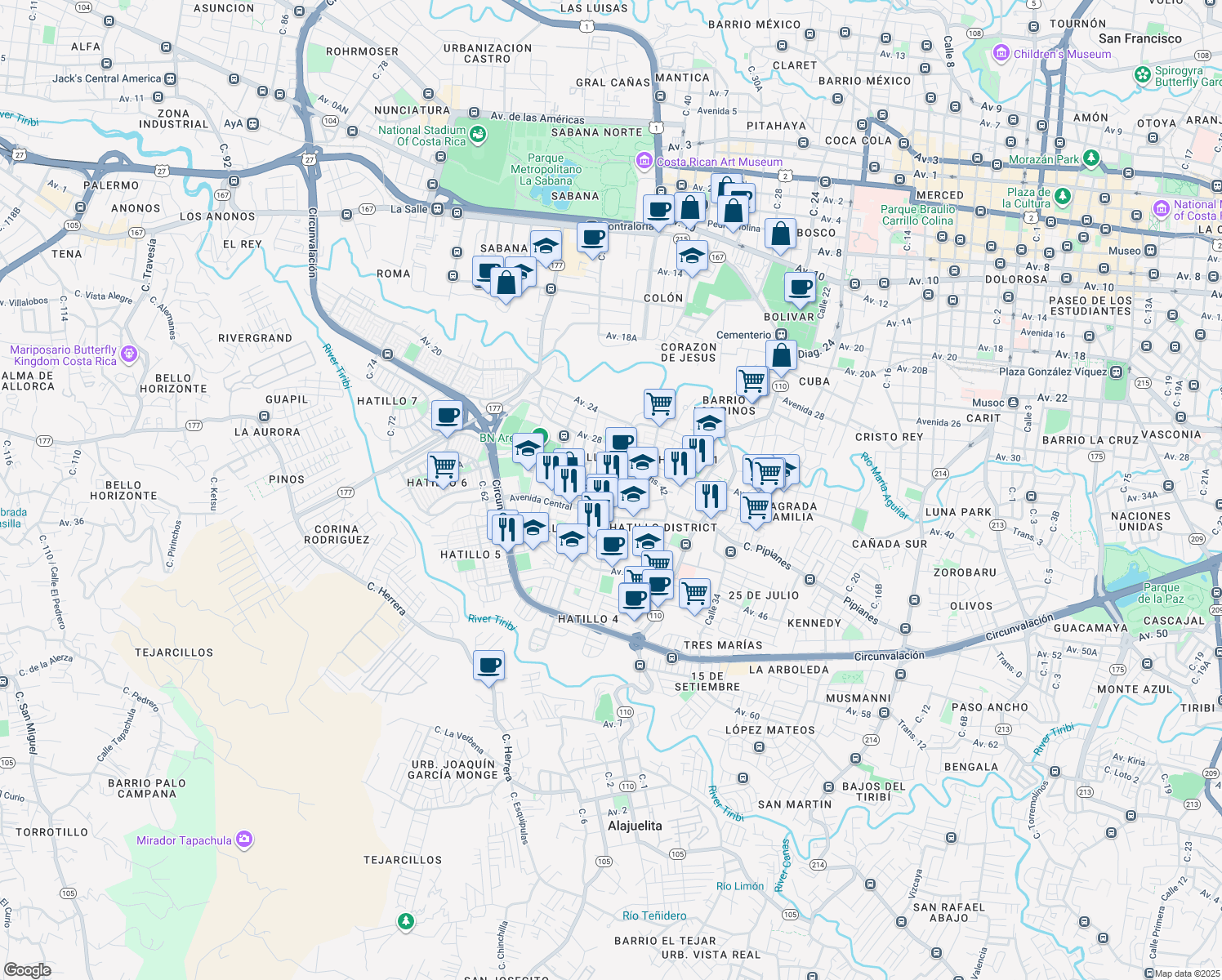 map of restaurants, bars, coffee shops, grocery stores, and more near in San José