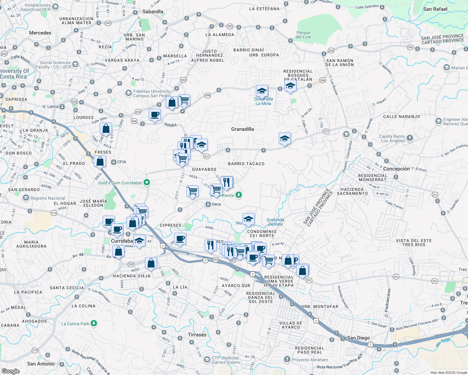 map of restaurants, bars, coffee shops, grocery stores, and more near D032A in Granadilla